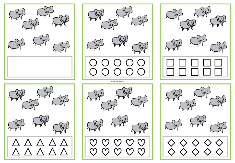 Counting task cards for 7 elephants: six versions, one blank and five with 10 shapes each for coloring.