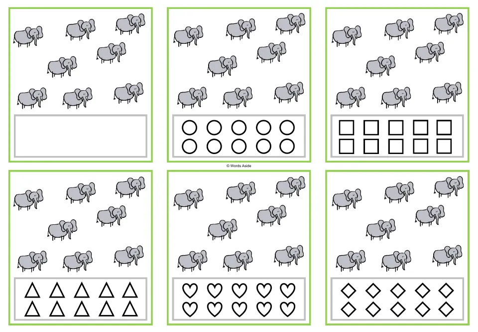 Counting task cards for 8 elephants: six versions, one blank and five with 10 shapes each for coloring.