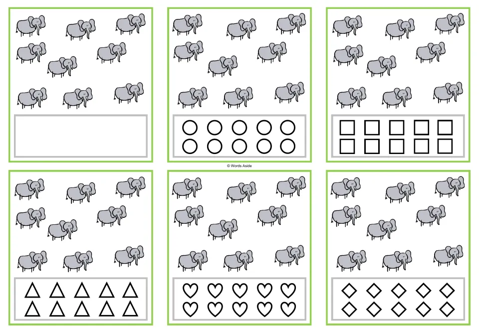 Counting task cards for 9 elephants: six versions, one blank and five with 10 shapes each for coloring.