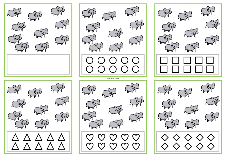 Counting task cards for 10 elephants: six versions, one blank and five with 10 shapes each for coloring.