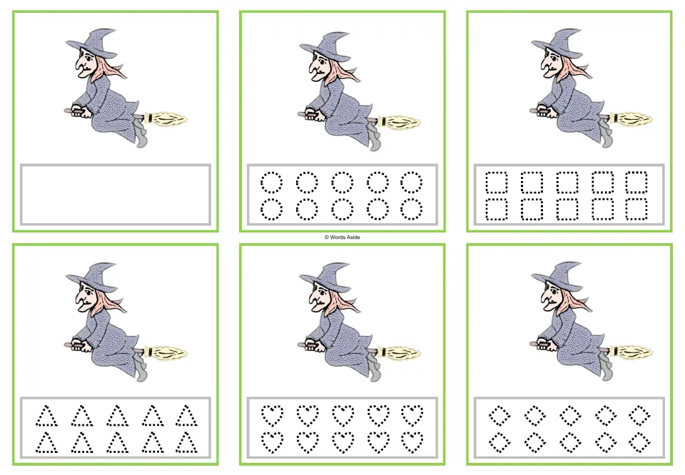 Six cards showing 1 witch each, with a blank option or dotted circles, squares, triangles, hearts, or rhombuses.