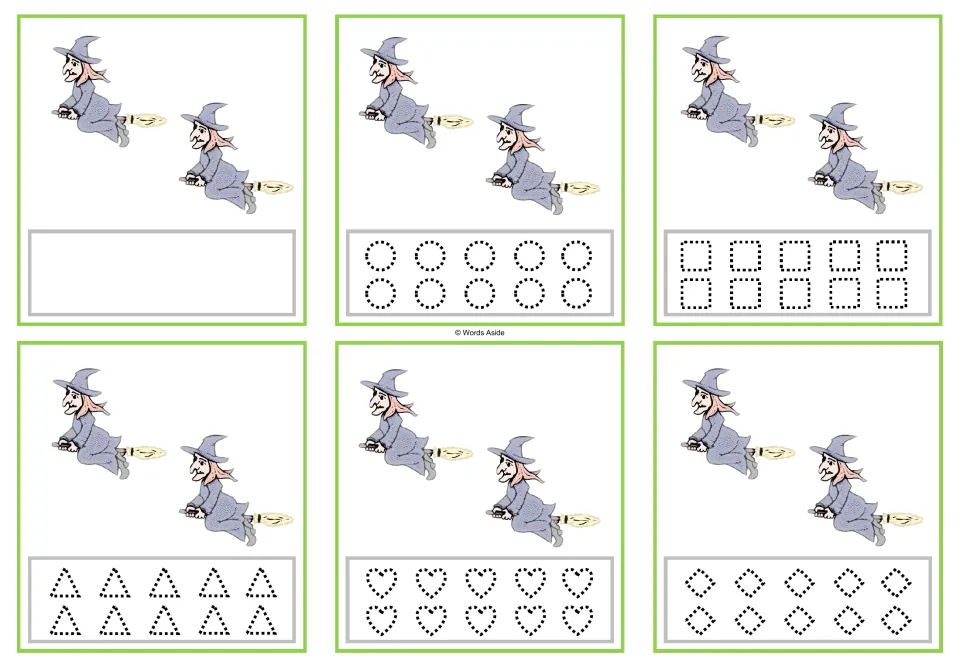Six cards showing 2 witches each, with a blank option or dotted circles, squares, triangles, hearts, or rhombuses.