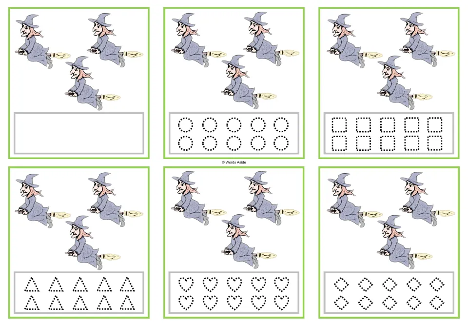 Six cards showing 3 witches each, with a blank option or dotted circles, squares, triangles, hearts, or rhombuses.
