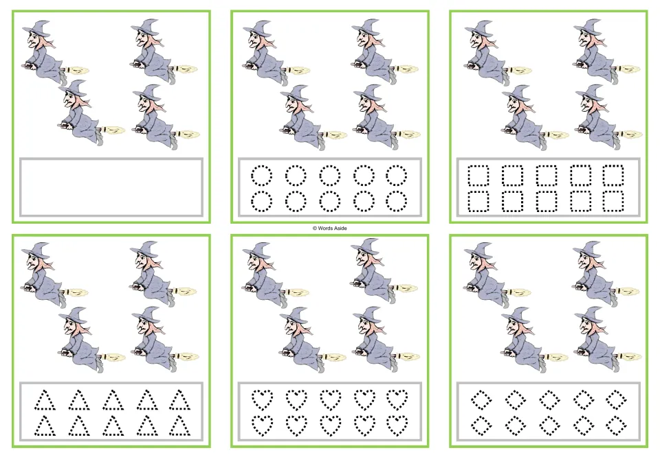 Six cards showing 4 witches each, with a blank option or dotted circles, squares, triangles, hearts, or rhombuses.
