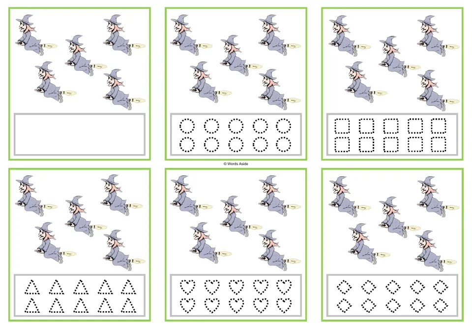 Six cards showing 5 witches each, with a blank option or dotted circles, squares, triangles, hearts, or rhombuses.