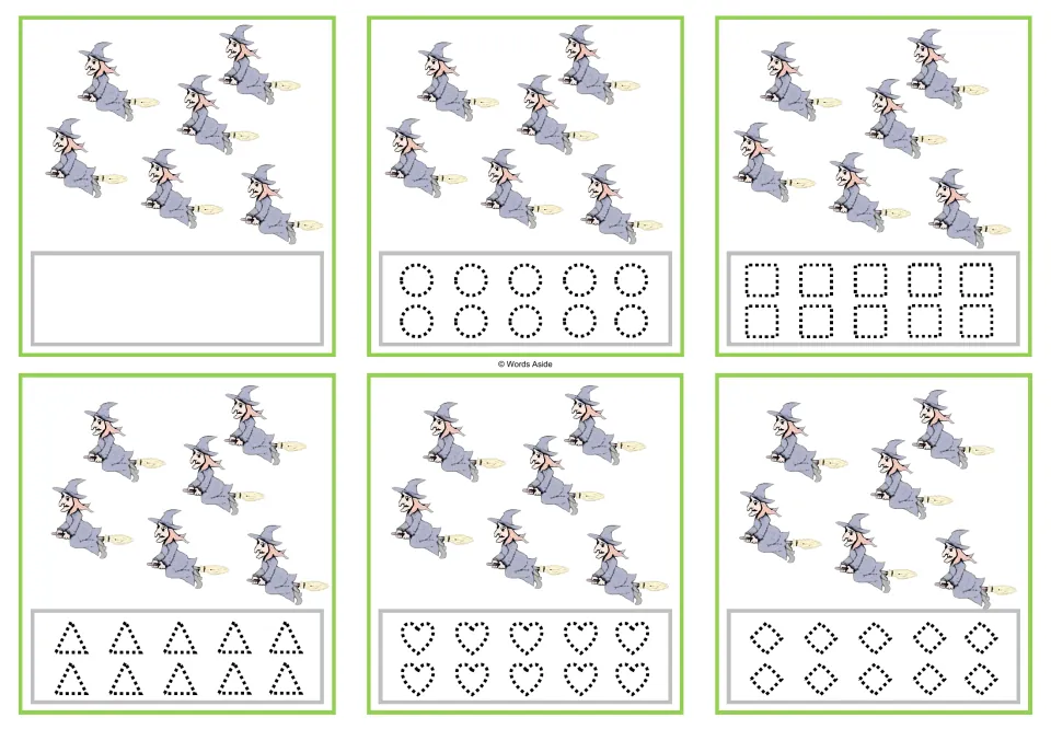 Six cards showing 6 witches each, with a blank option or dotted circles, squares, triangles, hearts, or rhombuses.