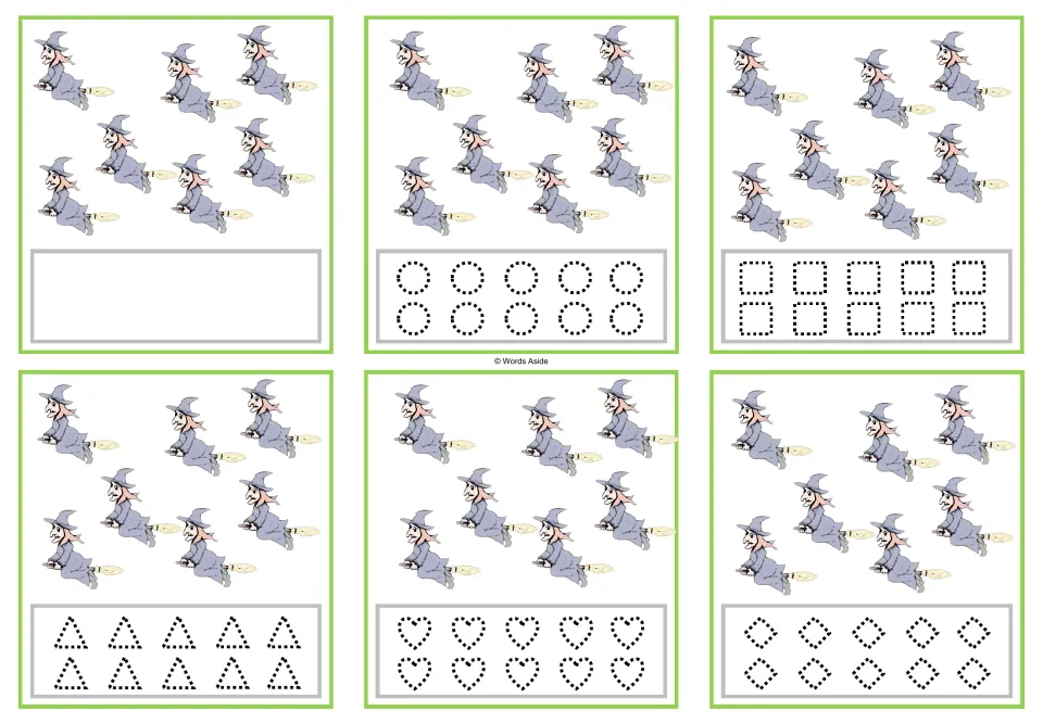 Six cards showing 7 witches each, with a blank option or dotted circles, squares, triangles, hearts, or rhombuses.