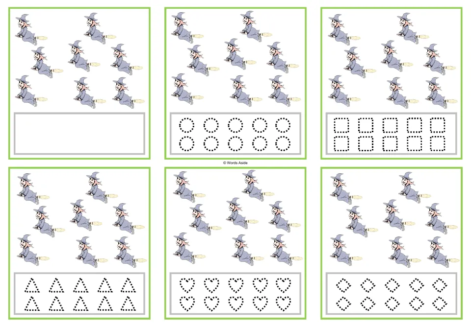 Six cards showing 8 witches each, with a blank option or dotted circles, squares, triangles, hearts, or rhombuses.