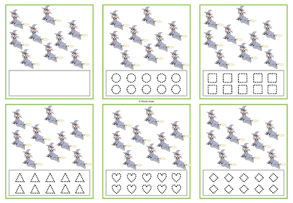 Six cards showing 9 witches each, with a blank option or dotted circles, squares, triangles, hearts, or rhombuses.