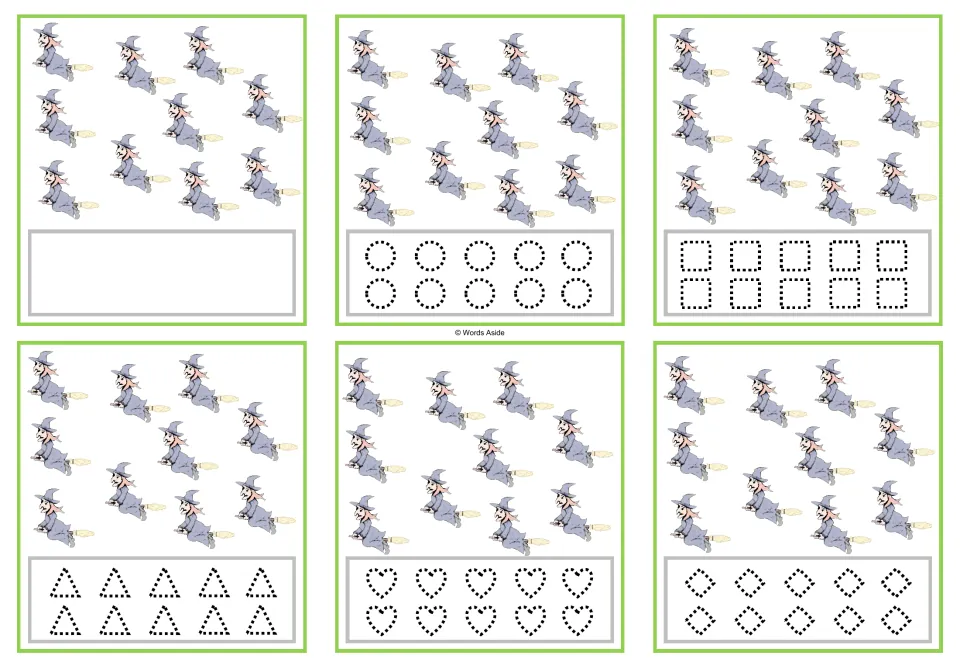Six cards showing 10 witches each, with a blank option or dotted circles, squares, triangles, hearts, or rhombuses.