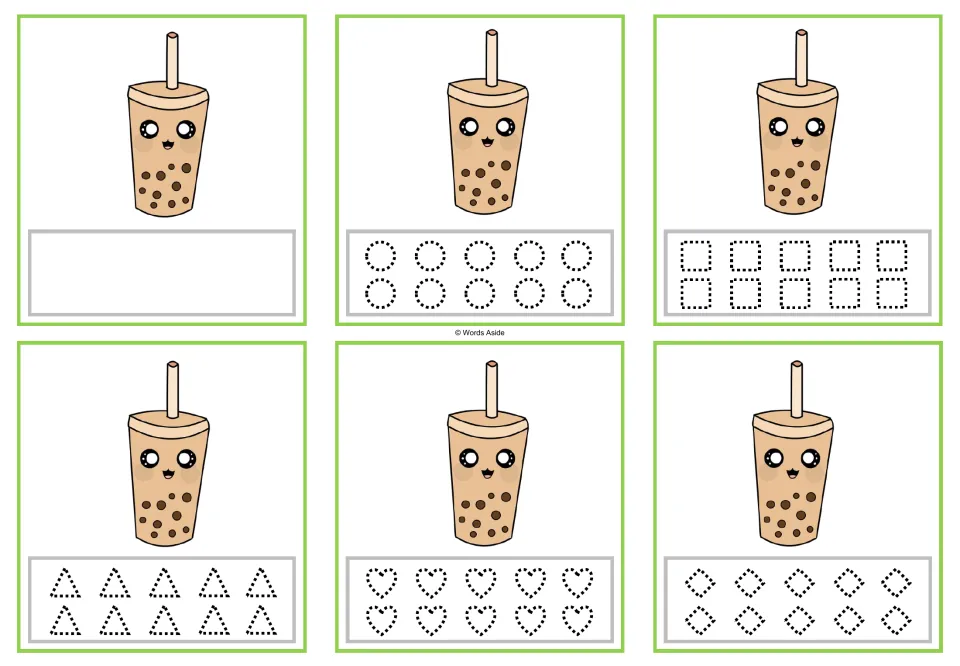 Six counting cards showing 1 bubble tea cup each, with tracing circles, squares, triangles, hearts, and rhombuses.