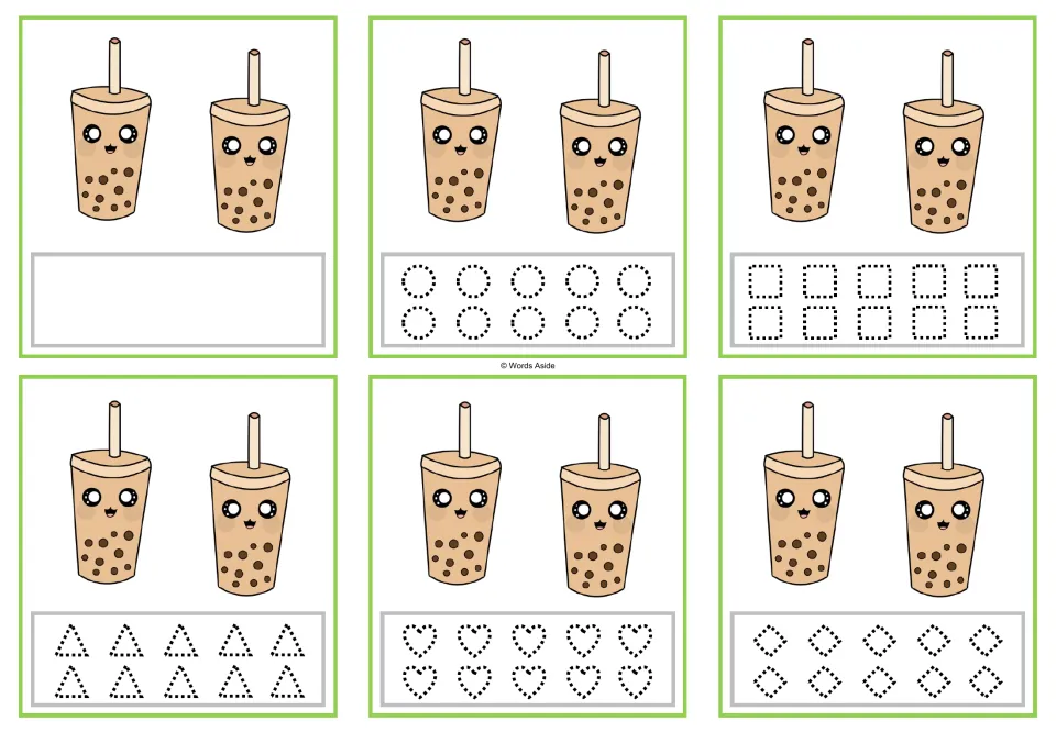 Six counting cards showing 2 bubble tea cups each, with tracing circles, squares, triangles, hearts, and rhombuses.