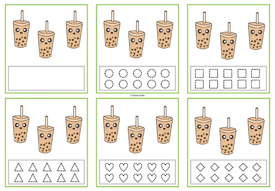 Six counting cards showing 3 bubble tea cups each, with tracing circles, squares, triangles, hearts, and rhombuses.