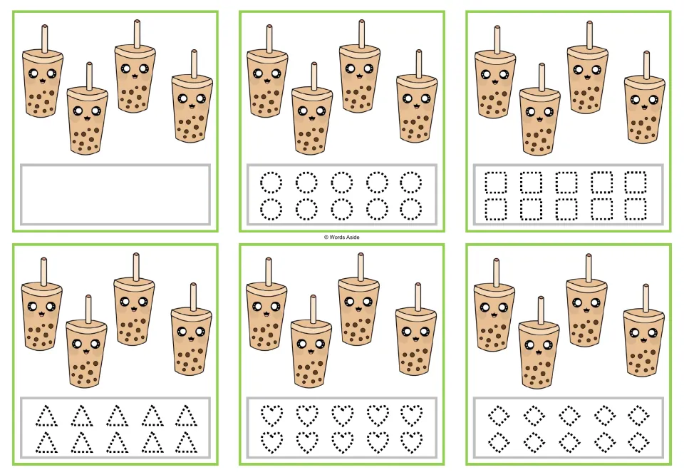 Six counting cards showing 4 bubble tea cups each, with tracing circles, squares, triangles, hearts, and rhombuses.