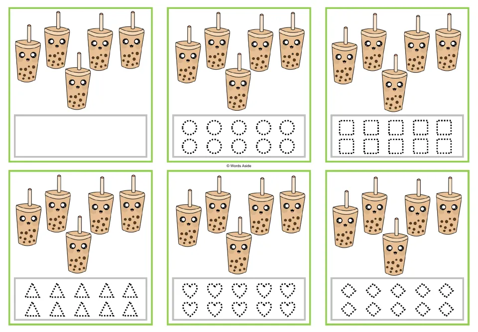 Six counting cards showing 5 bubble tea cups each, with tracing circles, squares, triangles, hearts, and rhombuses.