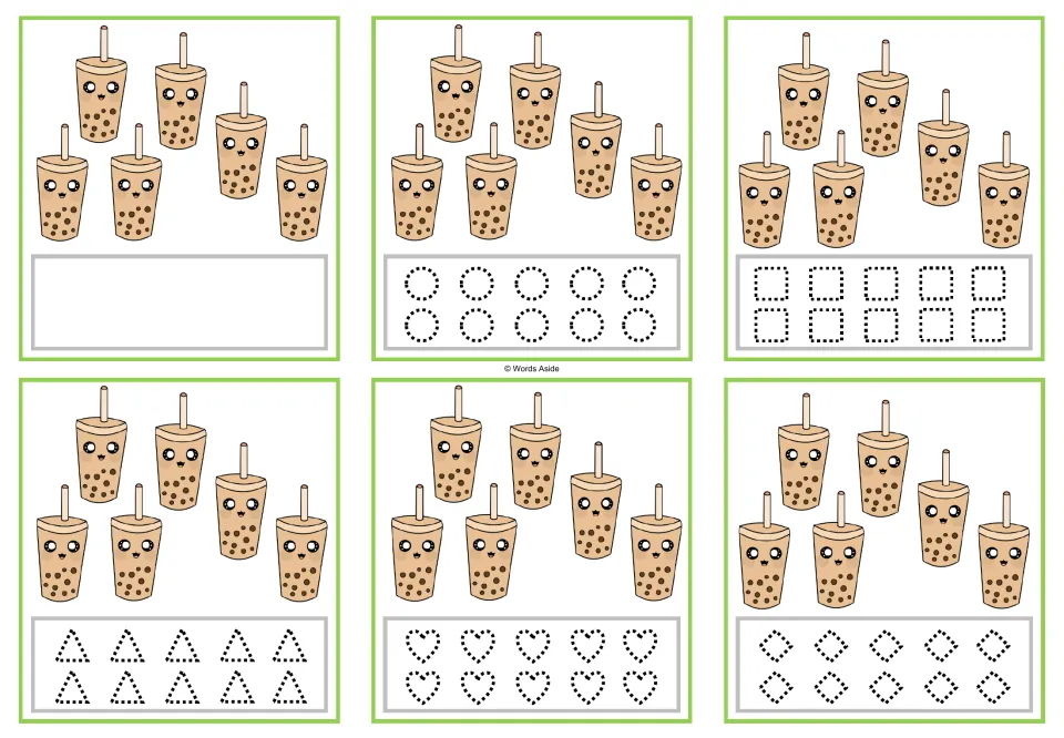 Six counting cards showing 6 bubble tea cups each, with tracing circles, squares, triangles, hearts, and rhombuses.