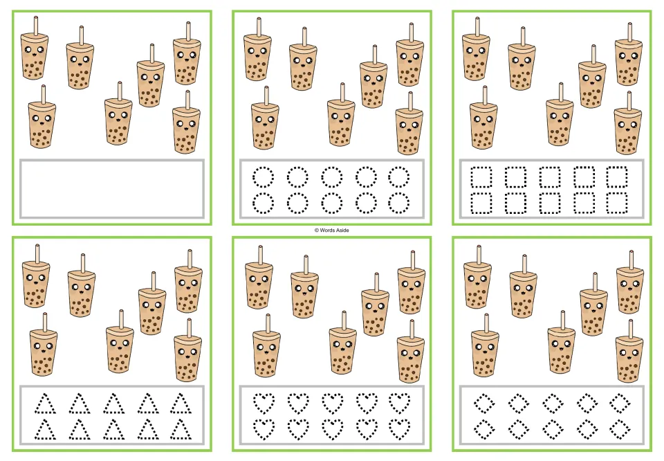 Six counting cards showing 7 bubble tea cups each, with tracing circles, squares, triangles, hearts, and rhombuses.