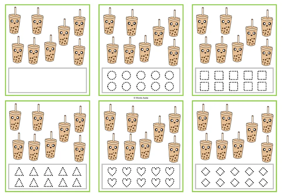 Six counting cards showing 8 bubble tea cups each, with tracing circles, squares, triangles, hearts, and rhombuses.