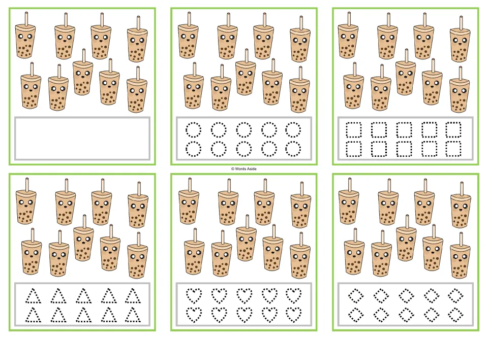 Six counting cards showing 9 bubble tea cups each, with tracing circles, squares, triangles, hearts, and rhombuses.