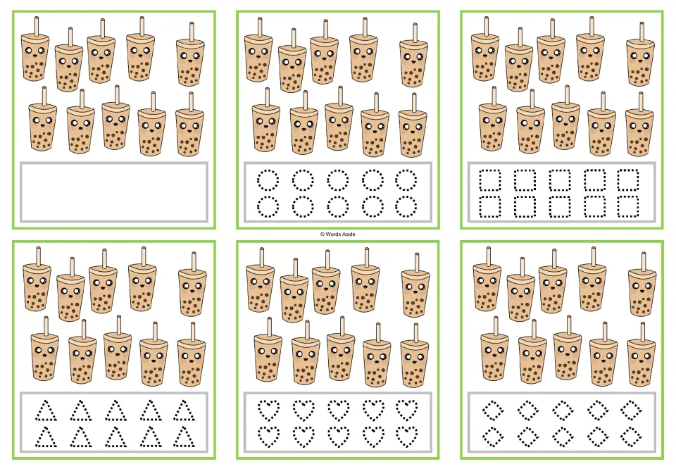 Six counting cards showing 10 bubble tea cups each, with tracing circles, squares, triangles, hearts, and rhombuses.