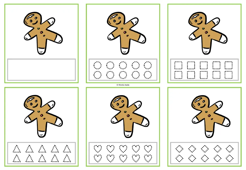 Six counting cards for 1, each showing one gingerbread figure, with blank or dotted-shape tracing options