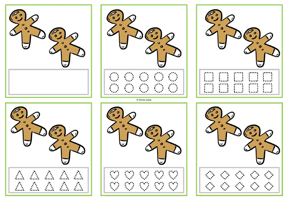 Six counting cards for 2, each showing two gingerbread figures, with blank or dotted-shape tracing options