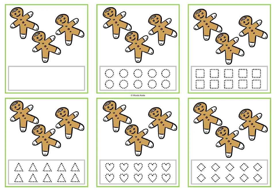 Six counting cards for 3, each showing three gingerbread figures, with blank or dotted-shape tracing options