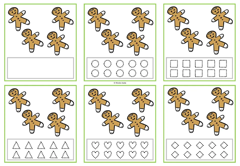 Six counting cards for 4, each showing four gingerbread figures, with blank or dotted-shape tracing options