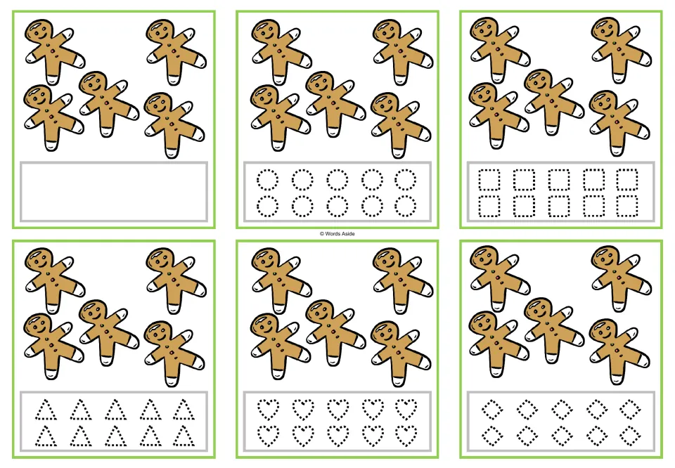 Six counting cards for 5, each showing five gingerbread figures, with blank or dotted-shape tracing options