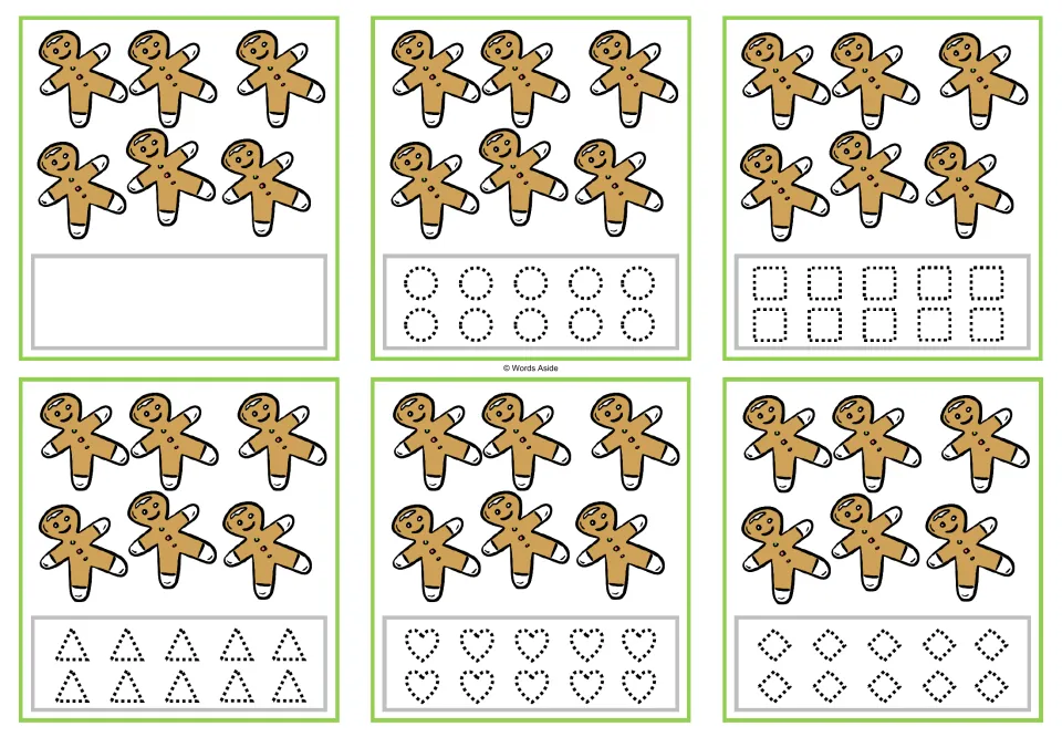 Six counting cards for 6, each showing six gingerbread figures, with blank or dotted-shape tracing options