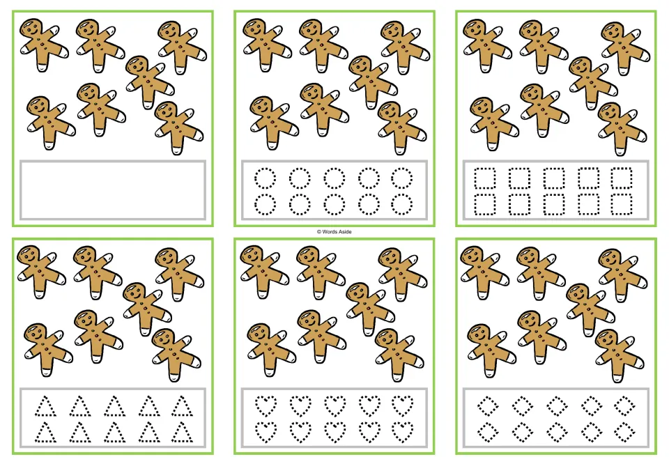 Six counting cards for 7, each showing seven gingerbread figures, with blank or dotted-shape tracing options