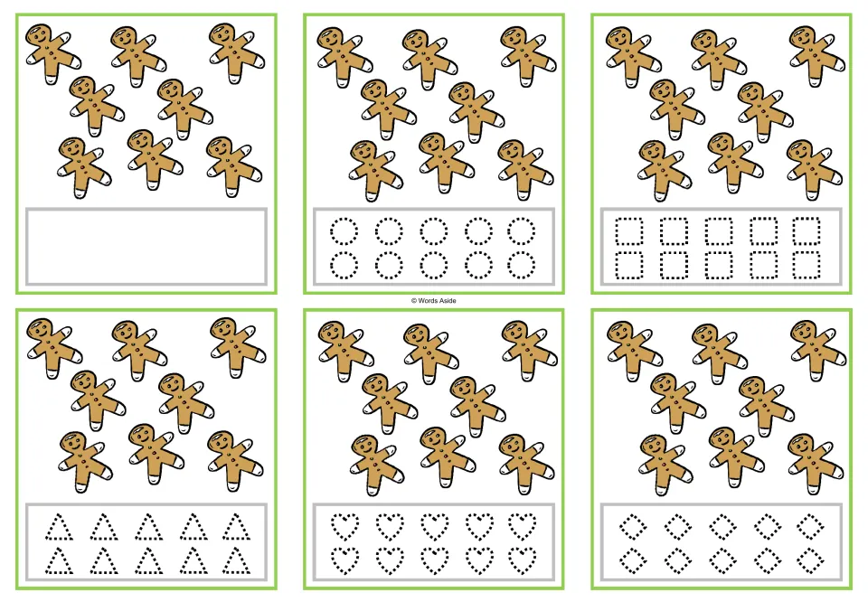 Six counting cards for 8, each showing eight gingerbread figures, with blank or dotted-shape tracing options