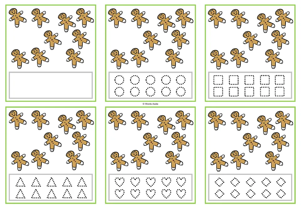 Six counting cards for 9, each showing nine gingerbread figures, with blank or dotted-shape tracing options