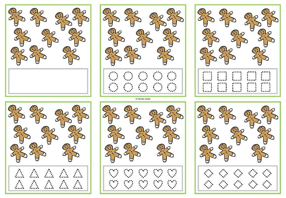 Six counting cards for 10, each showing ten gingerbread figures, with blank or dotted-shape tracing options