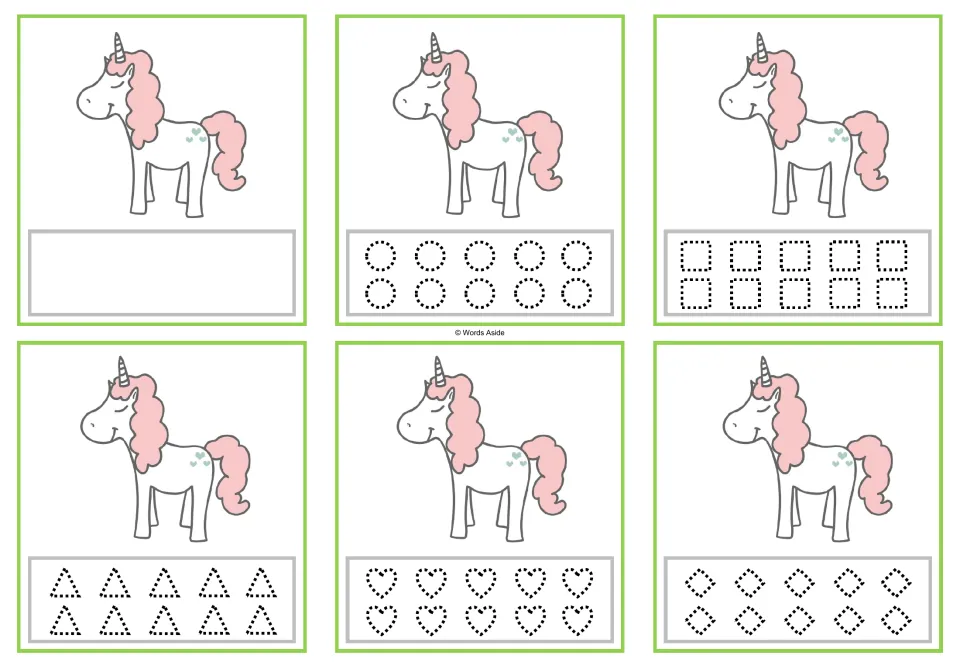 Six counting cards with 1 unicorn each; blank space or dotted circles, squares, triangles, hearts and diamonds.