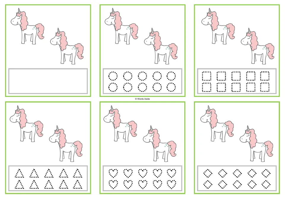 Six counting cards with 2 unicorns each; blank space or dotted circles, squares, triangles, hearts and diamonds.