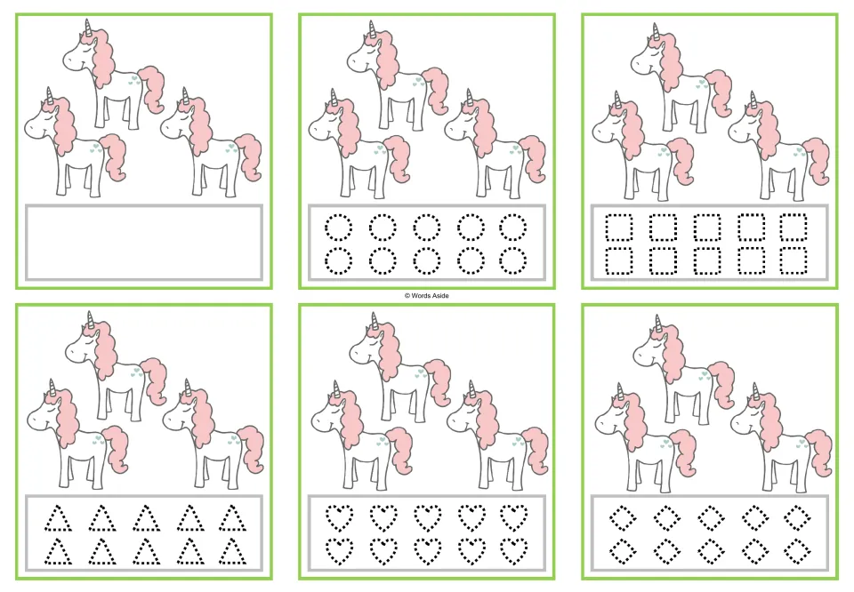 Six counting cards with 3 unicorns each; blank space or dotted circles, squares, triangles, hearts and diamonds.