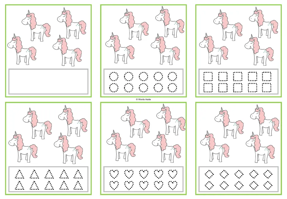 Six counting cards with 4 unicorns each; blank space or dotted circles, squares, triangles, hearts and diamonds.