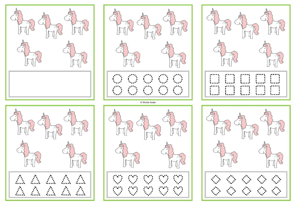 Six counting cards with 5 unicorns each; blank space or dotted circles, squares, triangles, hearts and diamonds.