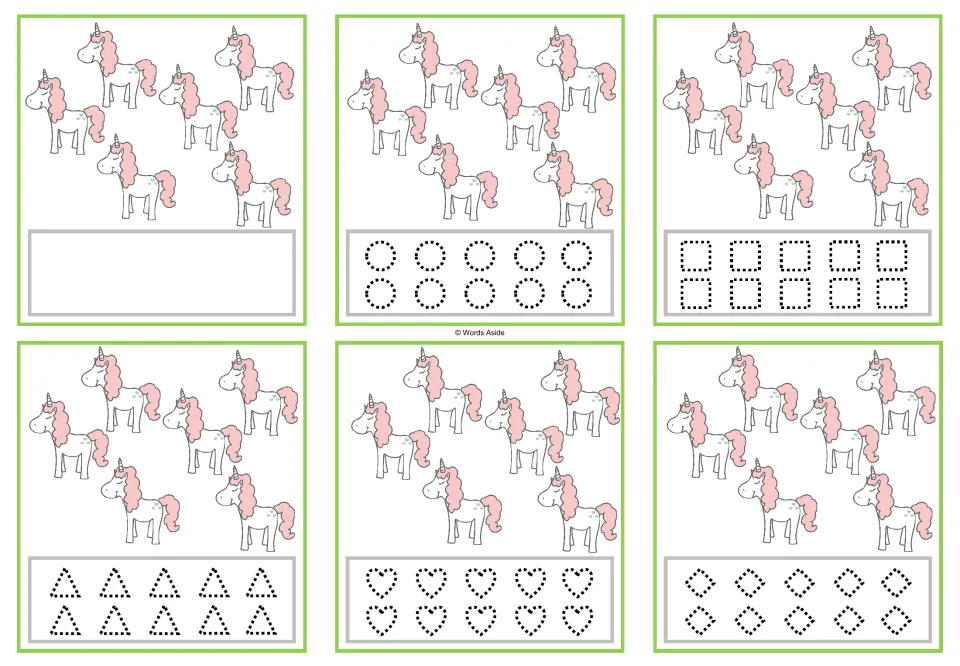 Six counting cards with 6 unicorns each; blank space or dotted circles, squares, triangles, hearts and diamonds.