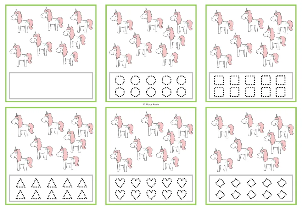 Six counting cards with 7 unicorns each; blank space or dotted circles, squares, triangles, hearts and diamonds.