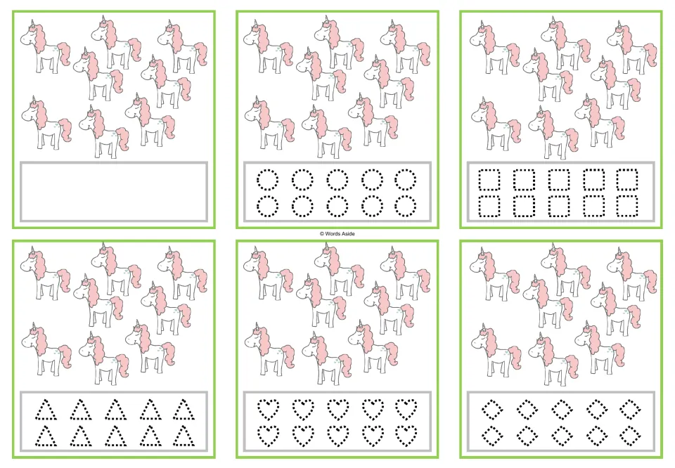 Six counting cards with 8 unicorns each; blank space or dotted circles, squares, triangles, hearts and diamonds.
