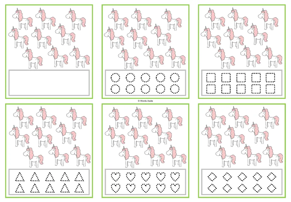 Six counting cards with 9 unicorns each; blank space or dotted circles, squares, triangles, hearts and diamonds.