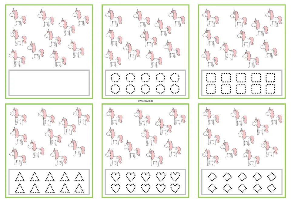 Six counting cards with 10 unicorns each; blank space or dotted circles, squares, triangles, hearts and diamonds.
