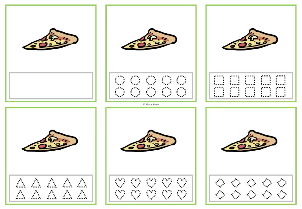 Counting task cards for 1 pizza slice: one blank version and five versions with dotted shapes to trace.