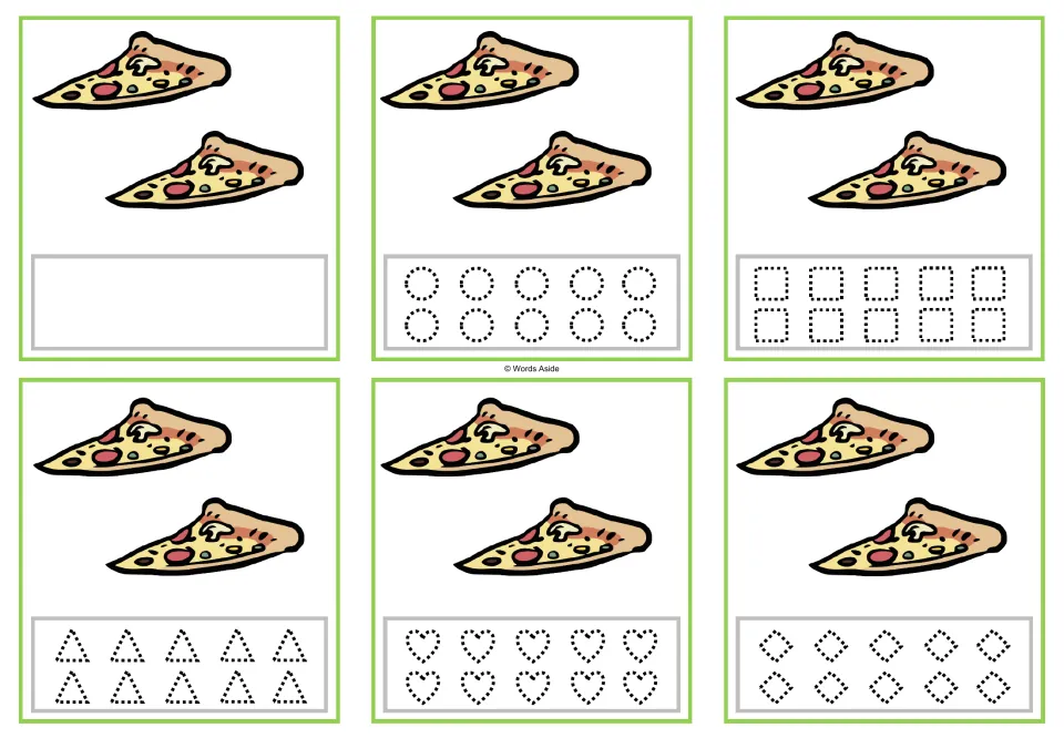 Counting task cards for 2 pizza slices: one blank version and five versions with dotted shapes to trace.