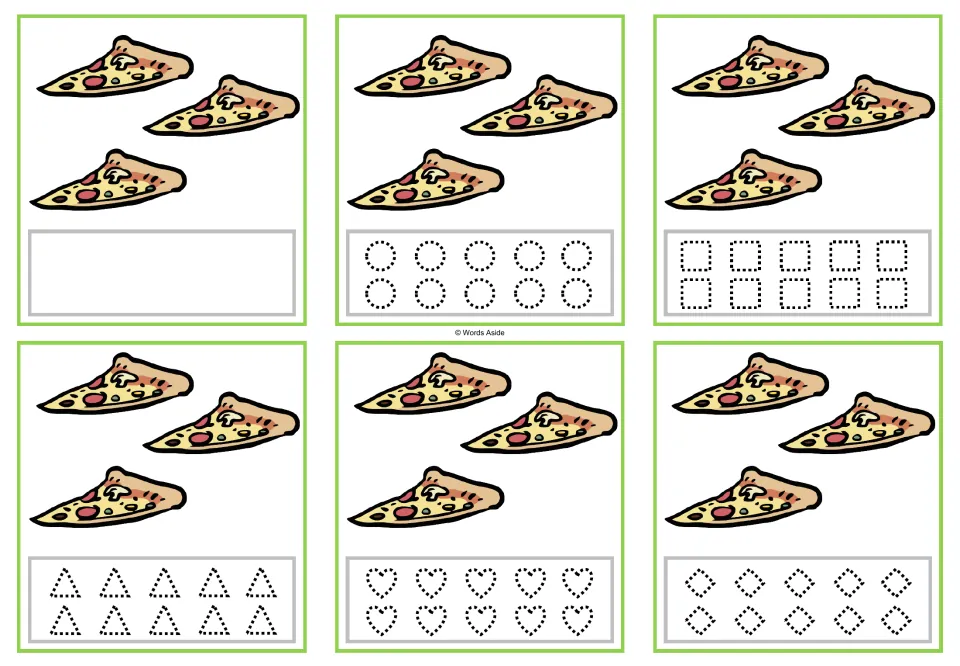 Counting task cards for 3 pizza slices: one blank version and five versions with dotted shapes to trace.