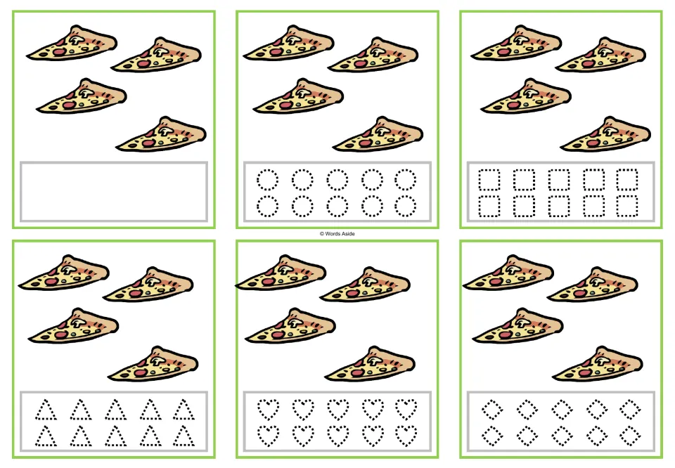 Counting task cards for 4 pizza slices: one blank version and five versions with dotted shapes to trace.