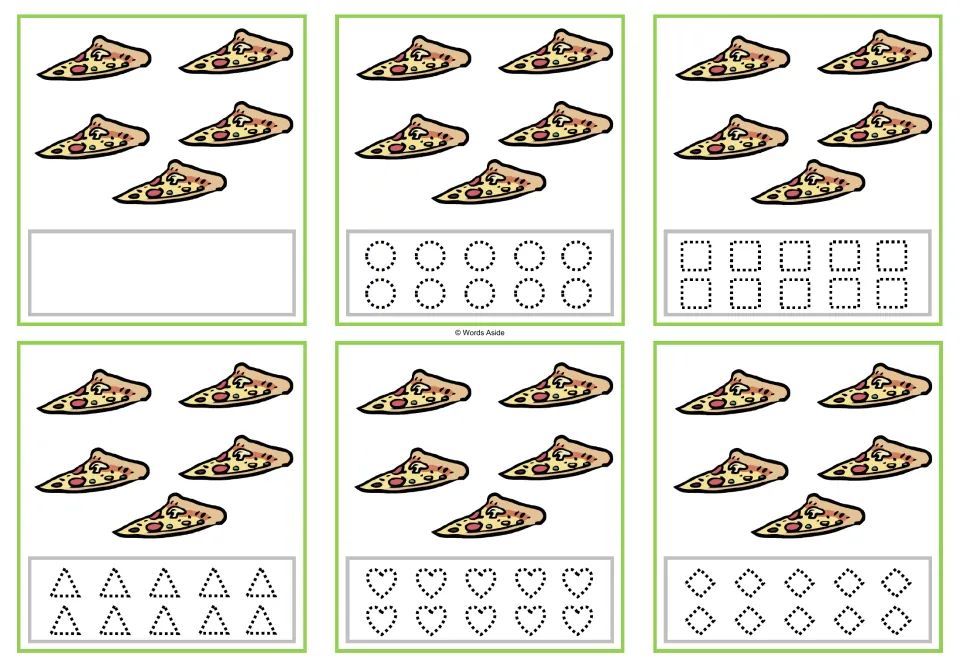 Counting task cards for 5 pizza slices: one blank version and five versions with dotted shapes to trace.
