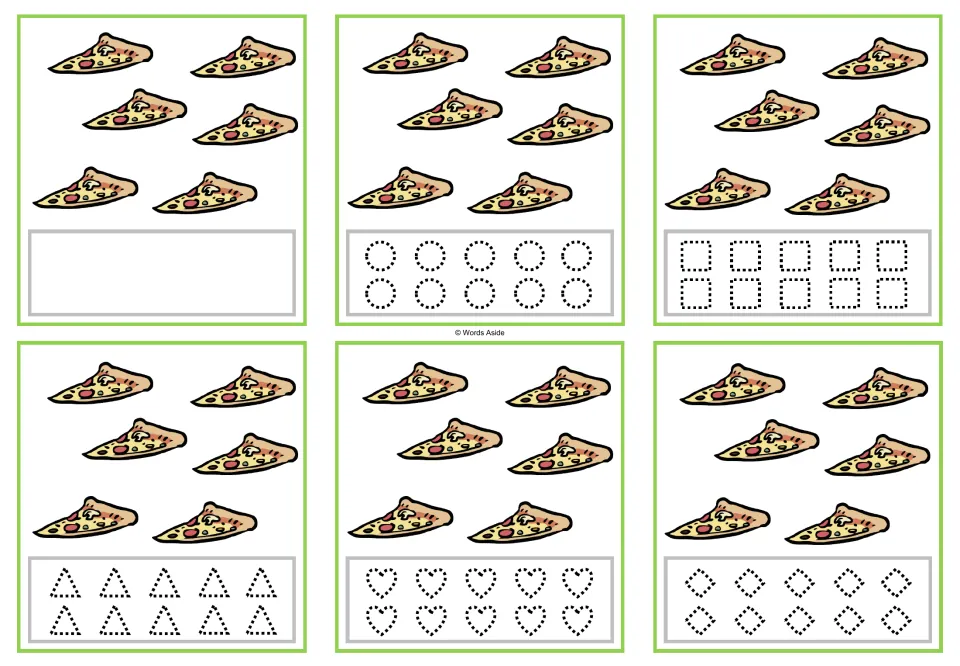 Counting task cards for 6 pizza slices: one blank version and five versions with dotted shapes to trace.